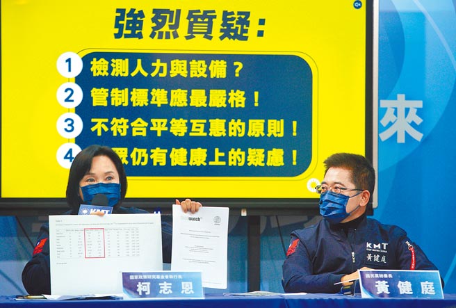 针对行政院8日宣布将放宽日本核食进口台湾，国家政策研究基金会执行长柯志恩（左）与国民党秘书长黄健庭（右）等人召开记者会，对开放核食表达严正反对立场，柯志恩表示，政院说台湾标准世界最严格，在铯的部份订立为50是比日本严格，但大家关切的乌克兰与俄罗斯却指定40，政院引用的数据是日本资料，所以大家对于日本核灾区食品有非常多疑虑。（张铠乙摄）