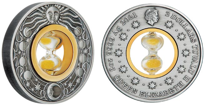 澳洲柏斯铸币局铸造的「时光沙漏」2英两仿古银币。图／臺湾银行提供