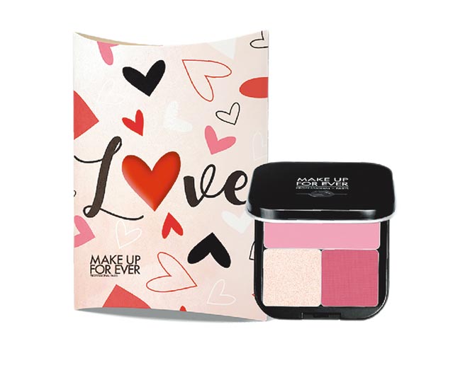 台中大遠百MAKE UP FOREVER藝術大師玩色眼影蕊心＋頰彩＋玩色彩盒＋情人甜心派盒，推薦價1648元。（遠百提供）