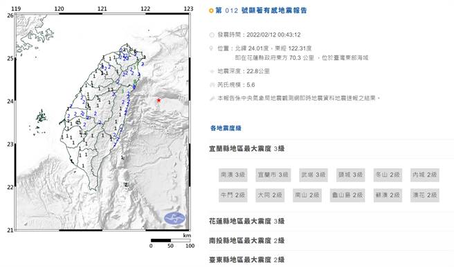 12日凌晨12点43分，花莲外海发生规模5.6地震，全台都有感，最大震度宜花3级，双北也有2级。(图／中央气象局)