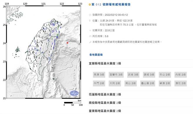 12日凌晨12點43分，花蓮外海發生規模5.6地震，全台都有感，最大震度宜花3級，雙北也有2級。(圖／中央氣象局)