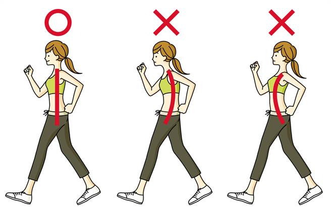 健走时维持抬头挺胸，但也不需要刻意将腰背后倾，打直脊椎中线是最佳姿势。(示意图/Shutterstock)