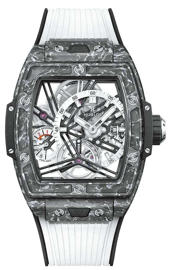 宇舶表SPIRIT OF BIG BANG陀飞轮碳纤维五日炼腕表，294万3000元。（HUBLOT提供）