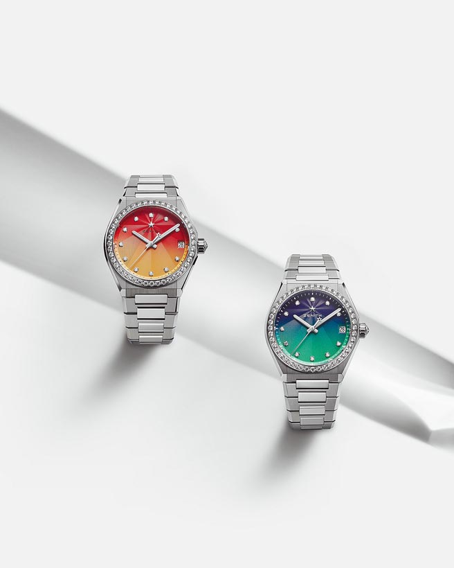 專為女性設計的DEFY Midnight腕表換新色，有橘紅漸層色的Sunset晚霞款和藍綠漸層色的Borealis北極光款，各39萬7700元。（ZENITH提供）