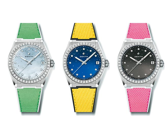 ZENITH與新創環保企業Nona Source攜手合作，將LVMH旗下時裝和皮具品牌剩餘的皮料製成表帶，運用在DEFY Midnight腕表上。（ZENITH提供）