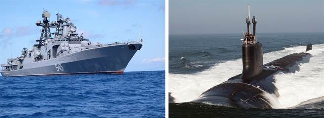 俄罗斯军方表示，俄国驱逐舰发现美国核潜舰在领海内活动，之后以广播通讯驱离。美国则否认此说。图左为俄罗斯驱逐舰沙波什尼科夫元帅号，图右为美军维吉尼亚级核动力攻击潜舰。(图/俄罗斯海军、美国海军)