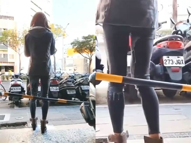 1名女子站在骑楼边，下体处竟开始不断流出「白色液体」沾湿整件黑裤子，甚至滴下水滴，而女子竟浑然不知，整件裤子被沾湿到呈现「黑白相间」。（翻摄自脸书「爆废公社二馆」）