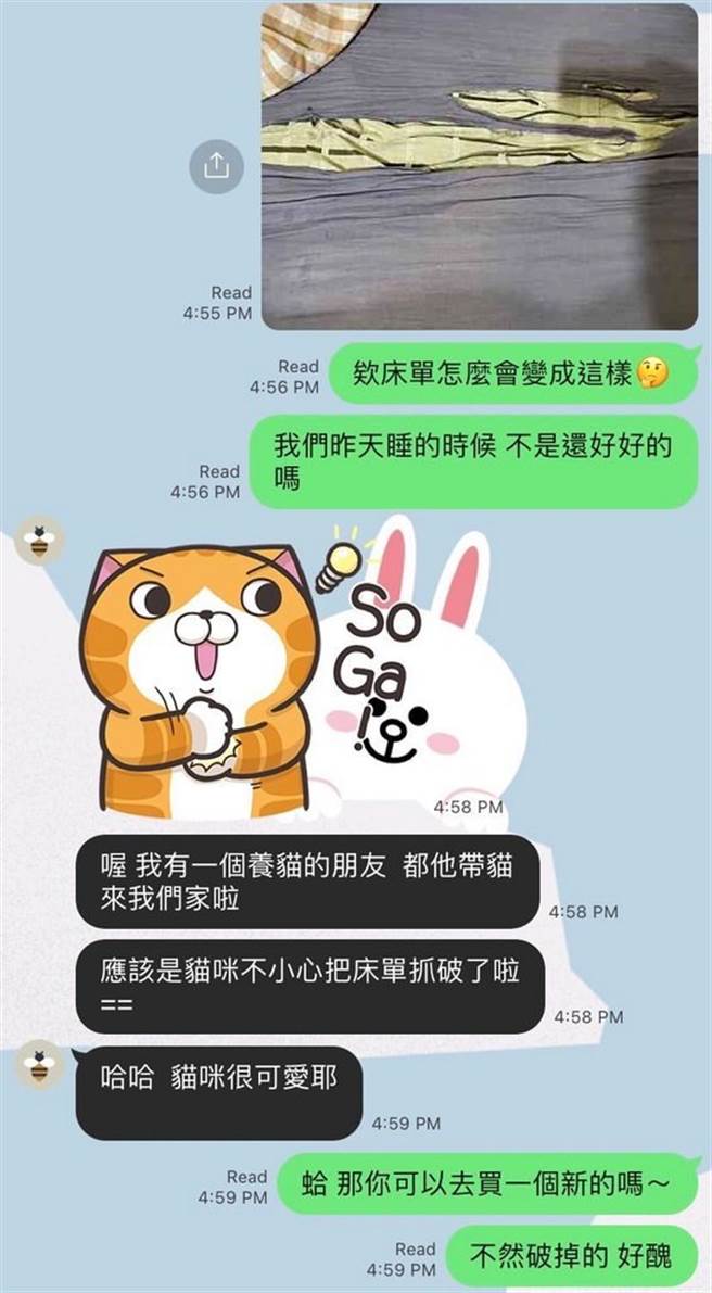 床单破了离谱大洞，男友却用猫咪抓的，猫咪很可爱等理由搪塞女友。(翻摄自Dcard)