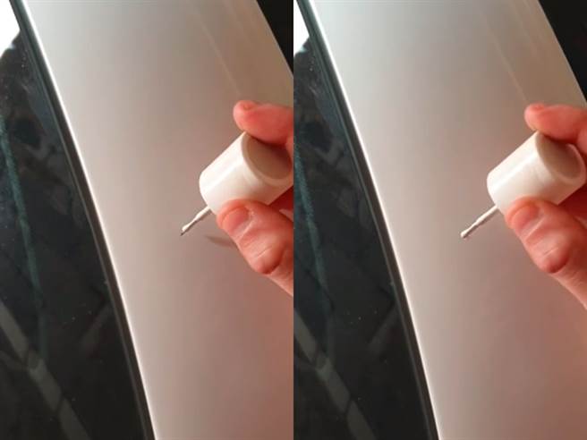 網友用小刷子沾白色油漆，將轎車一處極小刮傷痕跡1秒塗掉，他還很自滿地拍下影片，不過影片後半部分卻讓其他網友傻了，因為車體後半截根本已全撞爛。（翻攝自臉書「爆廢公社二館」）