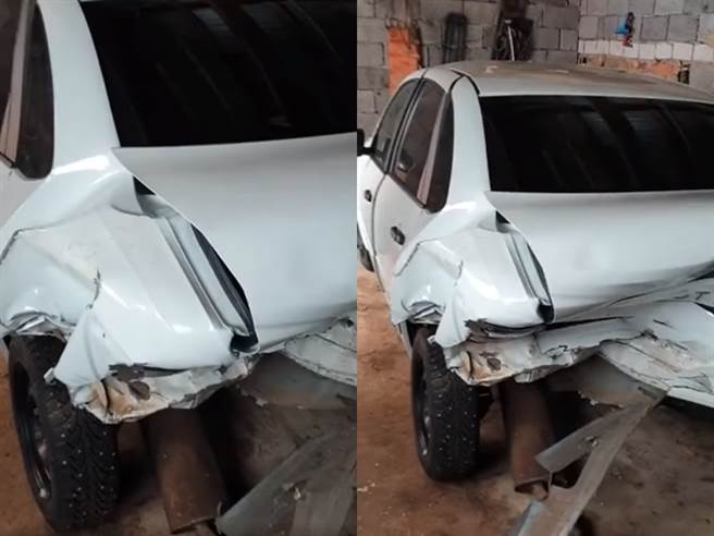 網友用小刷子沾白色油漆，將轎車一處極小刮傷痕跡1秒塗掉，他還很自滿地拍下影片，不過影片後半部分卻讓其他網友傻了，因為車體後半截根本已全撞爛。（翻攝自臉書「爆廢公社二館」）