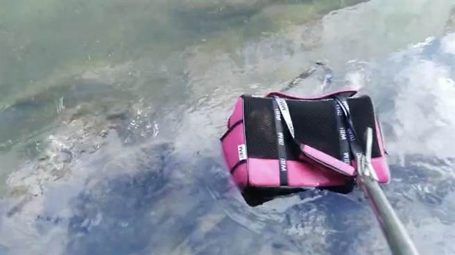 動保員使用蛇鋏將寵物外出提袋夾到岸邊，救回全身溼淋淋的小貓。（新北市動保處提供）