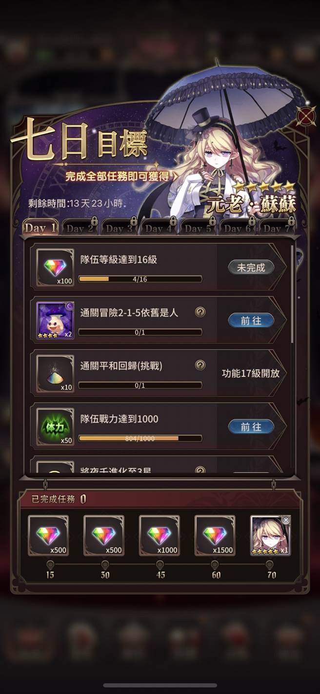 完成「七日目標」所有任務，即可獲得5星卡牌角色「元老・蘇蘇」