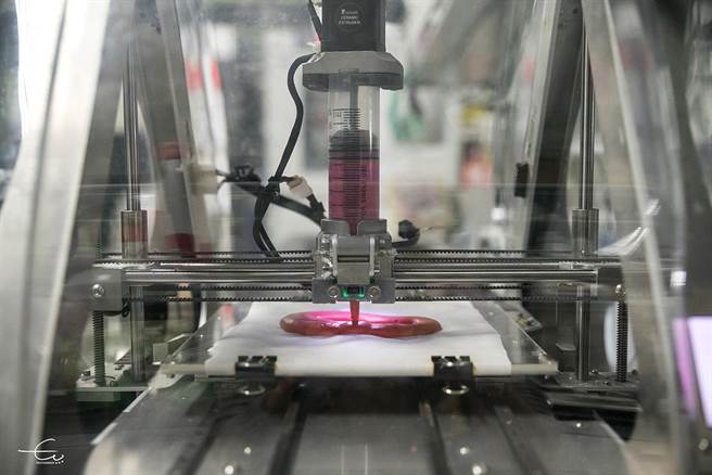 海大师生运用3D列印技术打造合适老年人吃的蛋奶素仿生牛排。（海大提供／陈彩玲基隆传真）