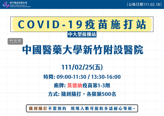 新竹縣21至27日加開疫苗接種站。（新竹縣政府提供）