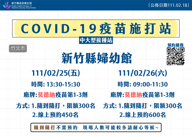 新竹縣21至27日加開疫苗接種站。（新竹縣政府提供）