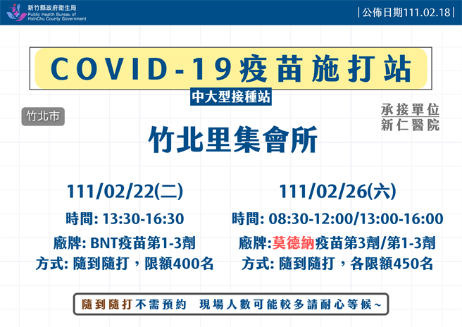 新竹縣21至27日加開疫苗接種站。（新竹縣政府提供）