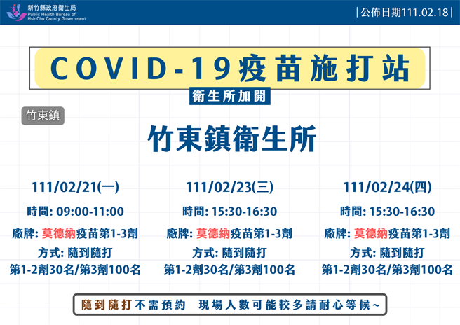 新竹縣21至27日加開疫苗接種站。（新竹縣政府提供）