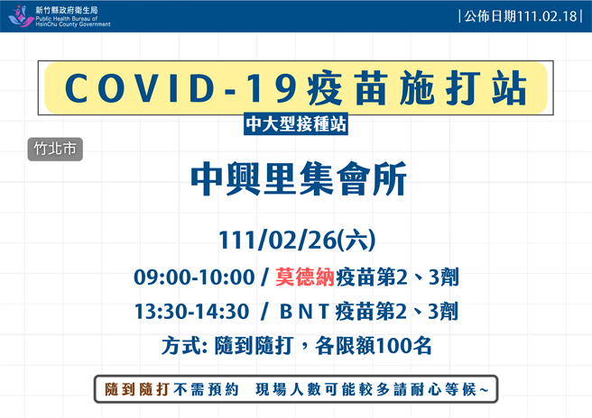 新竹縣21至27日加開疫苗接種站。（新竹縣政府提供）
