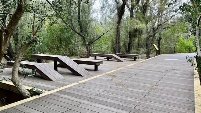 南侧木栈道总长440公尺的延伸段，部分已施作完成，上方还设置凉椅供民眾休憩。（张毓翎摄）