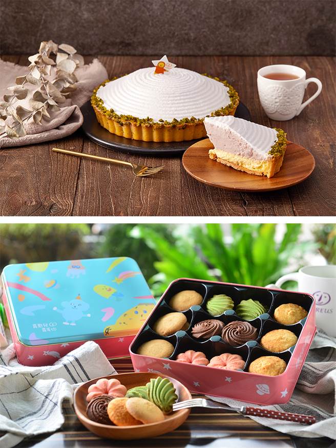 （上）法式芋泥乳酪派（下）精灵趣奇饼乾礼盒。工场内的庇护员工按照步骤、有条不紊地工作。最终将点心、商品包装得漂亮整齐，完美呈现给顾客。(图片提供/喜憨儿基金会)