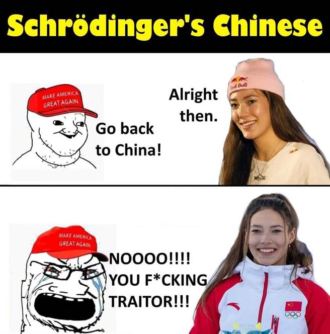 嘲笑美国右派叫谷爱凌「滚回中国」的哏图。（摘自网路）