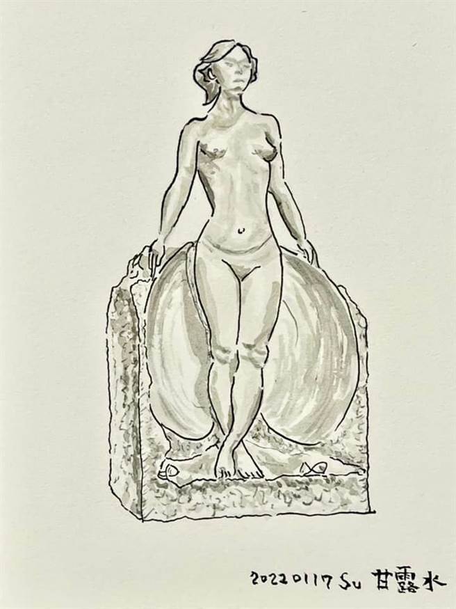 黃土水大師的作品「甘露水」，蘇俊賓繪圖。（取自蘇俊賓臉書）