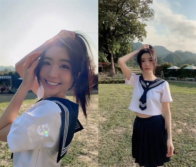 张安琪日前晒出一段穿学生服抓着头髮的影片，短短9秒已电晕一票网友，忍不住喊「美得太过分」。(图/ 摘自张安琪IG)