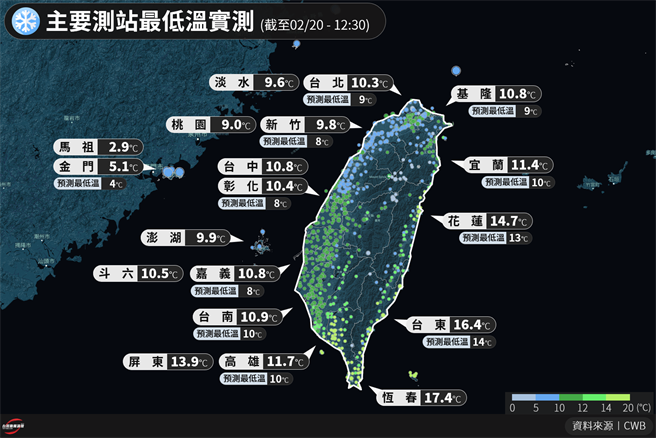 截至今日中午，各地主要测站最低温。（图／翻摄自脸书社团台湾颱风论坛｜天气特急）