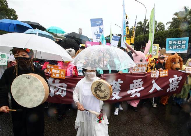 动保团体提倡动物权入宪已久，许多支持动保入宪团体20日上街参与「动保入宪大游行」，许多民眾手持看板以及身穿动物服装上街。动团表示，动保入宪除了维护动物福祉，对经济、农业、环境发也展都是重要的一环。（邓博仁摄）
