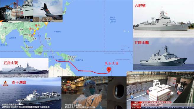 中共解放軍增援東加王國救災航行路線圖。(圖/作者陸文浩繪製)