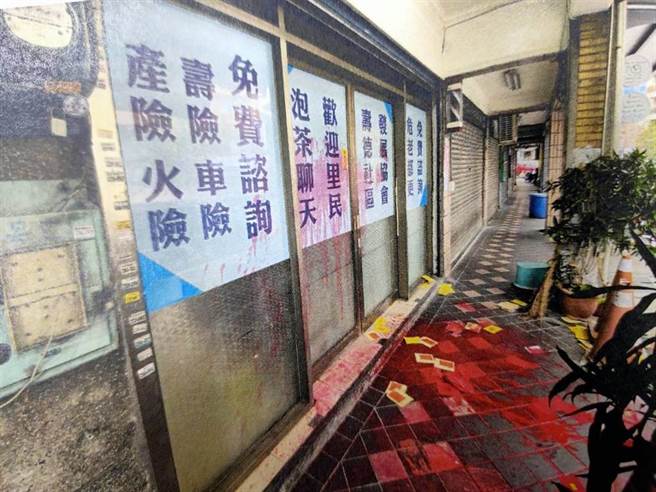 陈男的办公处所遭人泼洒红漆，警方逮捕吴姓男子讯后依违反社会秩序维护法裁罚。（民眾提供／李文正台北传真）