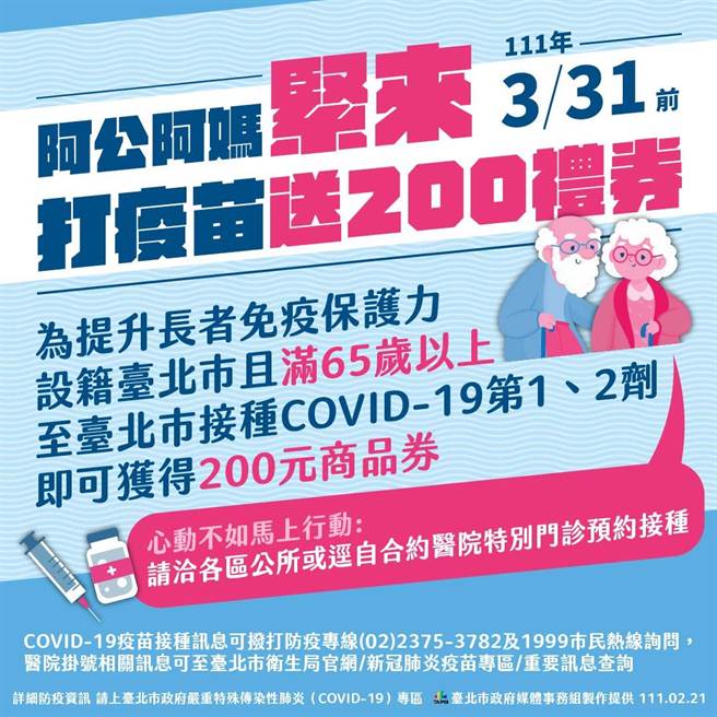 阿公、阿妈紧来打疫苗送200元礼券。（台北市政府提供／张立勋台北传真）