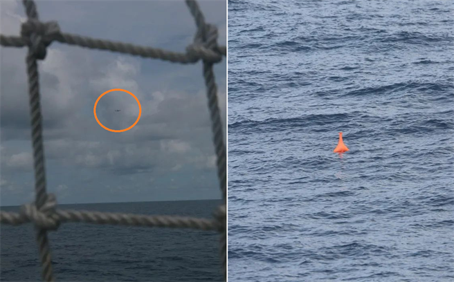 大陆国防部发布两张照片，指控澳方P-8A危险靠近大陆军舰，距离仅4公里，肉眼可见（左）。同时P-8A还投放声纳浮标（右），对陆舰构成威胁。（图／中共国防部）