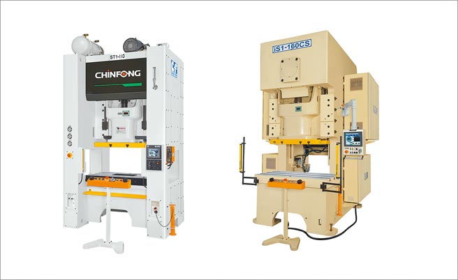 金丰机器公司以高阶机种参加2022台北国际工具机展；图为iS1系列直驱式单点伺服冲床（右）及ST1系列直柱型单曲轴精密冲床（左）。图／业者提供