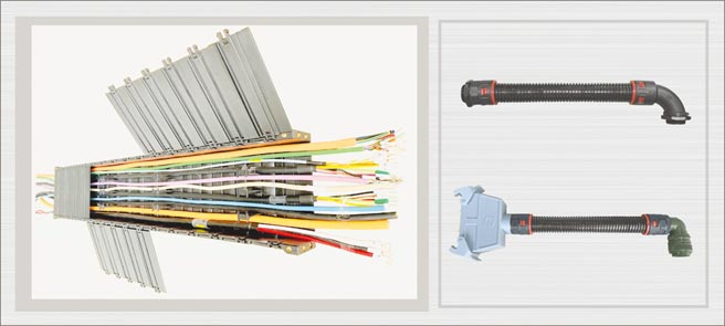 图左起为欣军所创新研发出的SQ823封闭式游动护管的拆装方式及尼龙管与快插接头（直型、弯型、MS军规转接）。图／欣军提供