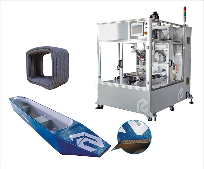 颉懋公司研发上市的3D列印机与制作出的独木舟与水泥建材成品。图／业者提供