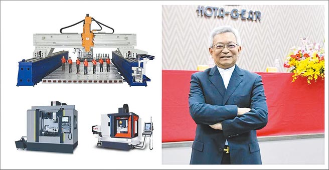 和大暨高鋒董事長沈國榮及高鋒參加台北工具機展展機KFO-620-5AX（圖右下）與CV-400U（圖左下）及新上市機種KG-10080（圖左上）。圖／業者提供