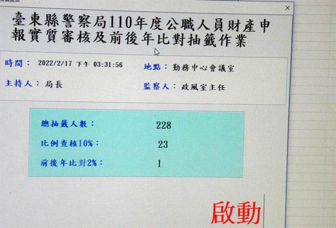 台东县警察局启动公职人员财产申报资料实质审查公开抽籤作业。（台东县警局提供）