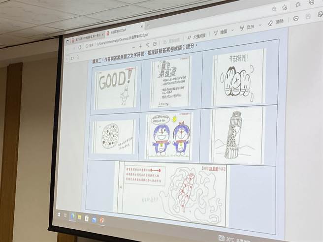 考生在学测答案卷上画比萨斜塔及多啦A梦，该科被扣减1级分。（林志成摄）