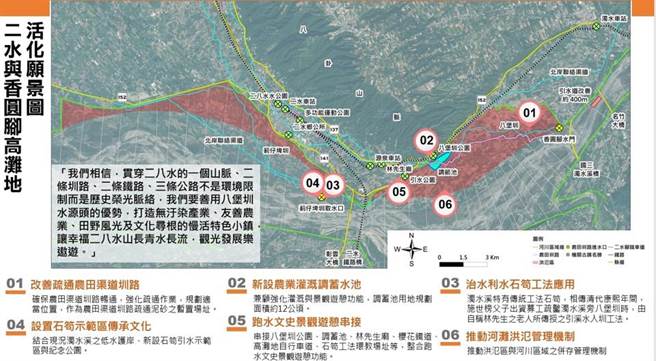 二水鄉長蘇界欽推動二水濁水溪願景工程，合作備忘錄6大願景共識，盼與參山風管處、四河局和彰化縣政府水資處等合作，活化農村高灘地、深耕水文化並促進觀光產業發展。（二水鄉公所提供／謝瓊雲彰化傳真）