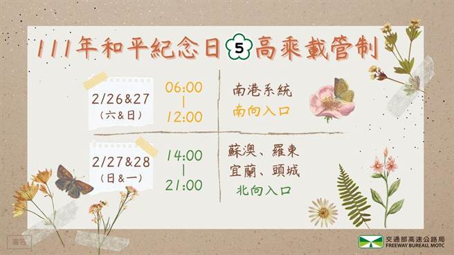 交通部高速公路局提醒，228连假国道5号将有高乘载管制措施。（高公局提供／陈佑诚传真）