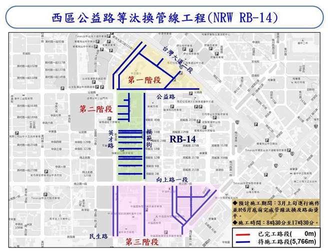 中市西区公益路等旧自来水管汰换管线工程范围示意图。（中市西区公所提供／陈淑芬台中传真）