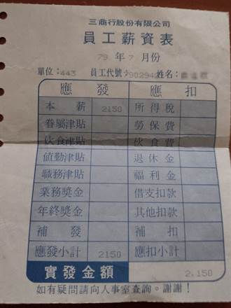 台灣經濟最好時代領「銅板時薪」 32年前薪資條引熱議