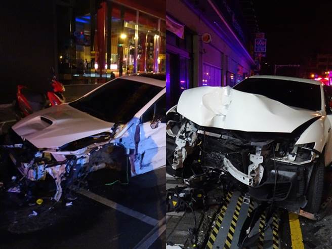 台南安平区今（24）日凌晨2时发生1辆轿车因不明原因追撞，当场波及2辆汽车与2辆机车，其中遭撞的玛莎拉蒂休旅车更是被撞到车头、车尾变形。（翻摄照片）
