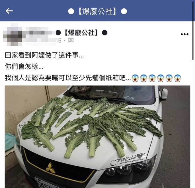 1名網友日前分享他的白色愛車引擎蓋被阿嬤「鋪滿鹹菜」，阿嬤疑似想用車子曝曬的熱氣加速曬乾成菜乾，原PO則無奈喊「要曬可以至少先舖個紙箱吧」。（翻攝自臉書「爆廢公社」）