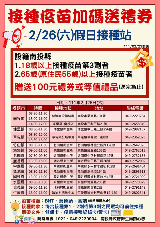 南投縣提升疫苗接種率，65歲以上長者造冊發單通知。（南投縣政府提供／廖志晃南投傳真）