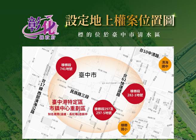 彰化县政府位于臺中市清水区和海线精华区和紧邻臺中港特定区市镇中心重划区的县有地共3案土地要招标。（彰化县政府提供／吴敏菁彰化传真）