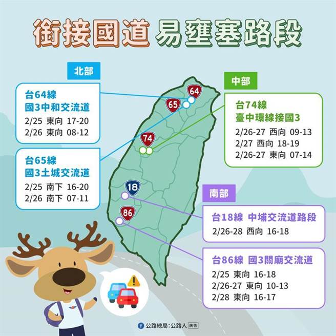 （二二八连续假期衔接国道易壅塞路段。图／高速公路局）

