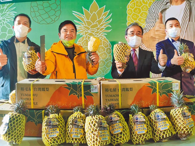 台灣鳳梨的銷日量大增8倍，屏東24日又封櫃40公噸金鑽鳳梨銷日，農糧署署長胡忠一（右二）稱，今年銷日量可望突破3萬公噸。（謝佳潾攝）