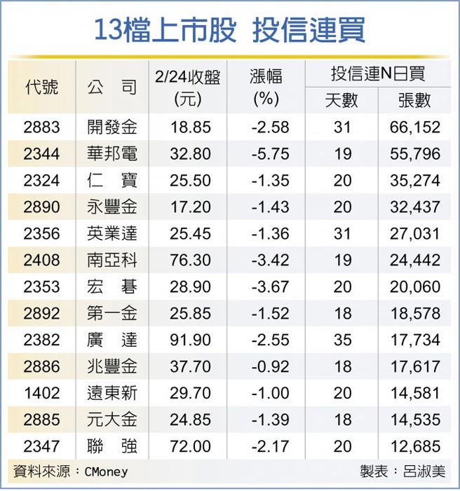 13檔上市股 投信连买